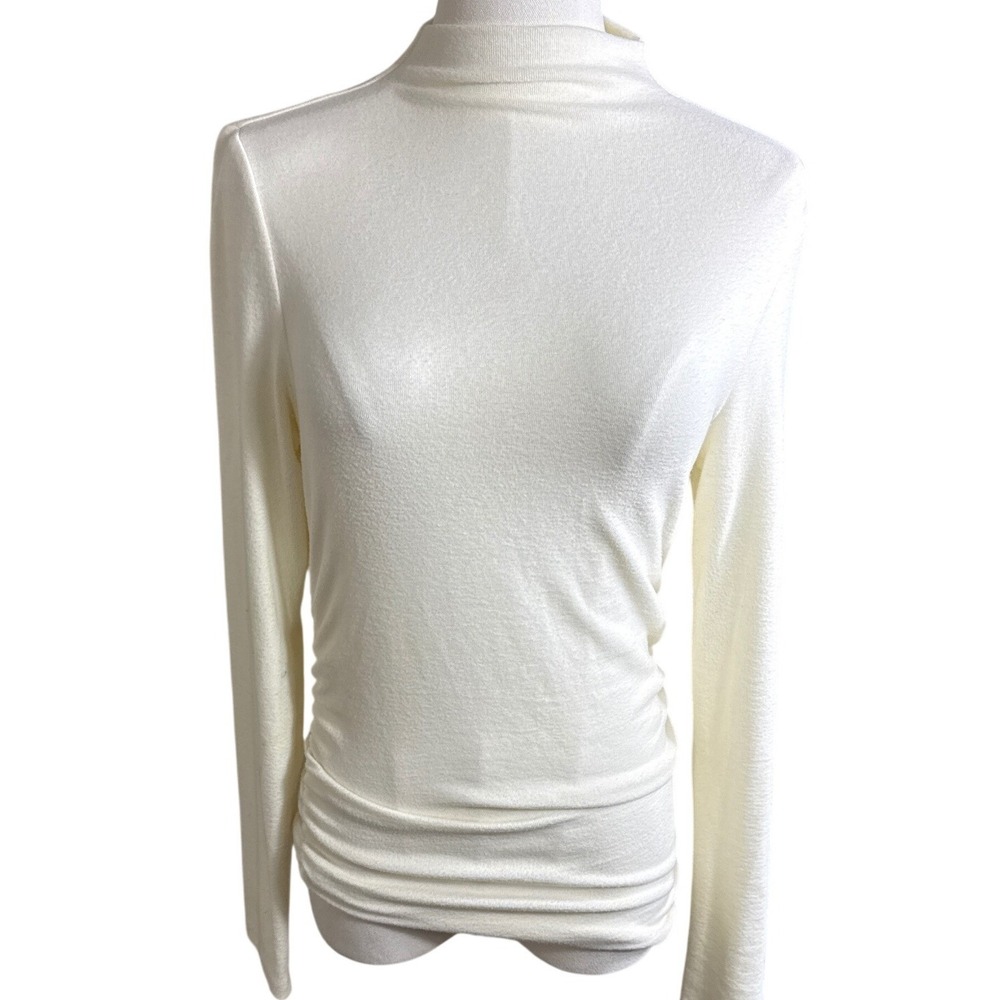 OGL Womens Mock Neck Ruched Side Long Sleeve Top Cream Off White Size Medium